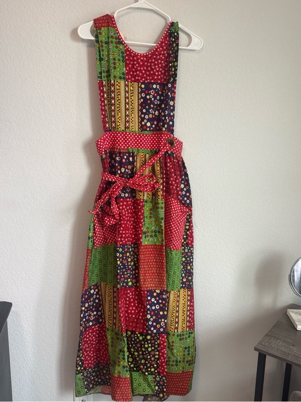 Patchwork Pinafore Apron Dress in Red, Green, Navy